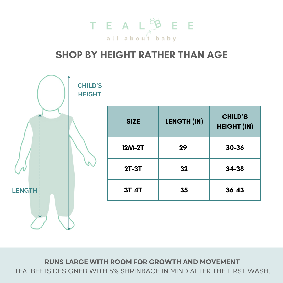 Size guide for Tealbee Dreamsuit. Tealbee is designed with 5% shrinkage in mind after the first wash. Shop by height rather than age.