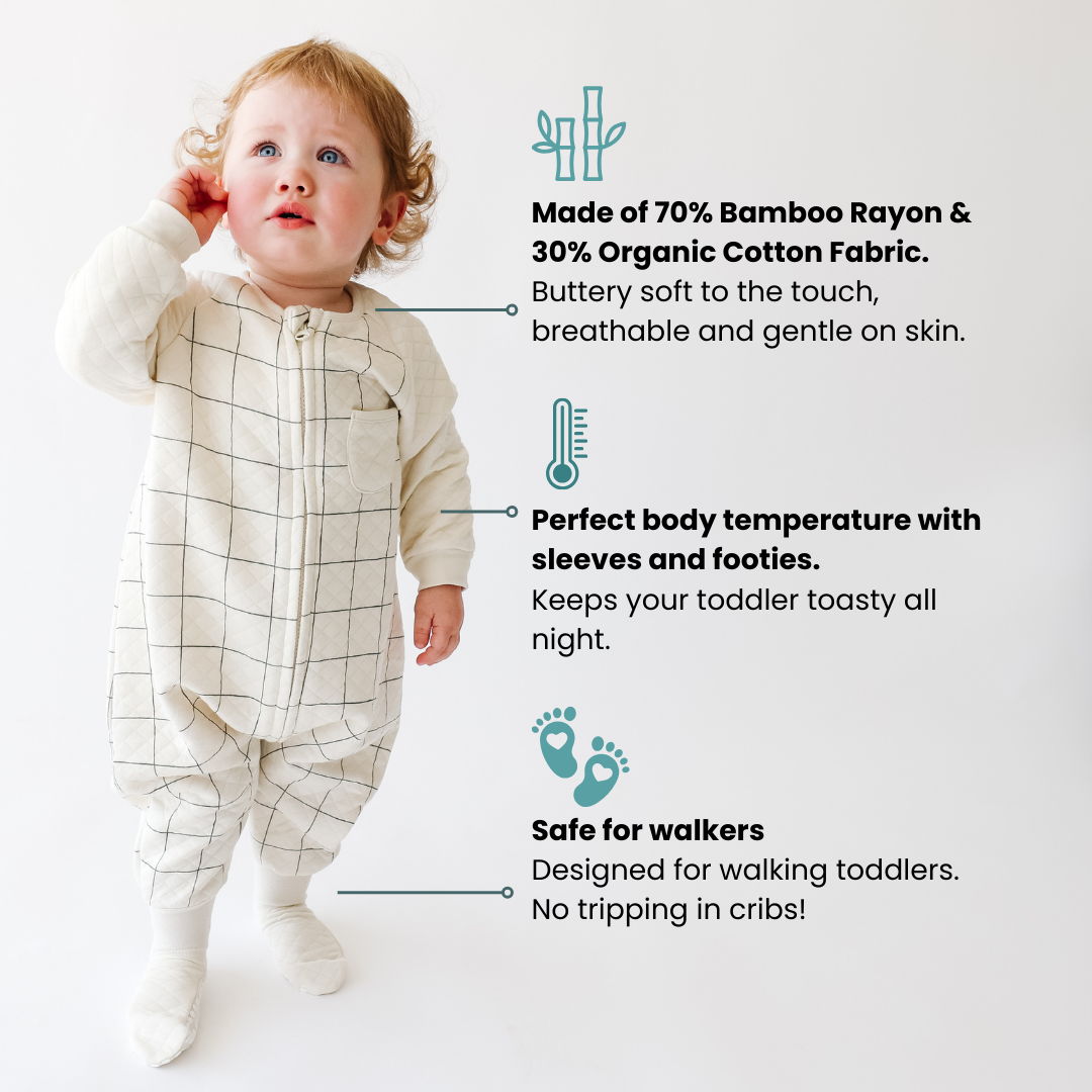 Dreamsie  Made of 70% Bamboo Rayon & 30% Organic Cotton Fabric. Buttery soft to the touch, breathable, and gentle on skin. Keeps your toddler toasty all night.