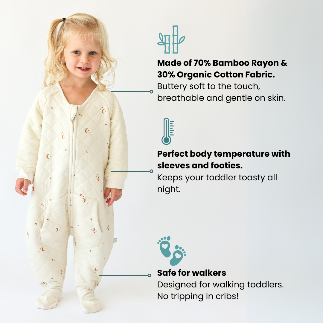 Dreamsie  Made of 70% Bamboo Rayon & 30% Organic Cotton Fabric. Buttery soft to the touch, breathable, and gentle on skin. Keeps your toddler toasty all night.