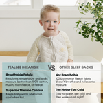Tealbee Dreamsie regulates temperature and wicks moisture better than 100% cotton, muslin, microfleece, or fleece. Superior Thermo Control keeps baby warm when cold, cool when hot.