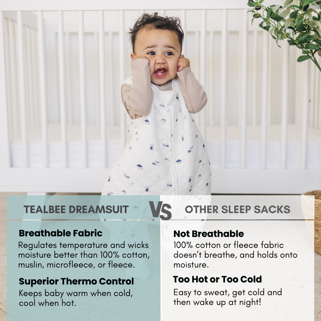 Tealbee Dreamsuit regulates temperature and wicks moisture better than 100% cotton, muslin, microfleece, or fleece. Superior Thermo Control keeps baby warm when cold, cool when hot.
