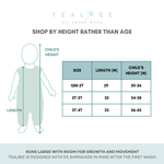 Size guide for Tealbee Dreamsuit. Tealbee is designed with 5% shrinkage in mind after the first wash. Shop by height rather than age.