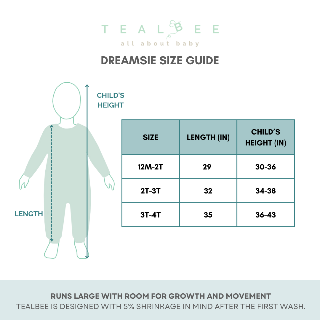 Size guide for Tealbee Dreamsie. Tealbee is designed with 5% shrinkage in mind after the first wash.