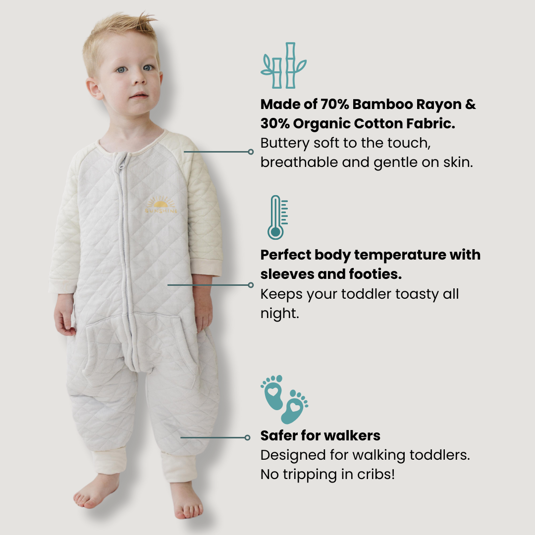 Dreamsie  Made of 70% Bamboo Rayon & 30% Organic Cotton Fabric. Buttery soft to the touch, breathable, and gentle on skin. Keeps your toddler toasty all night.