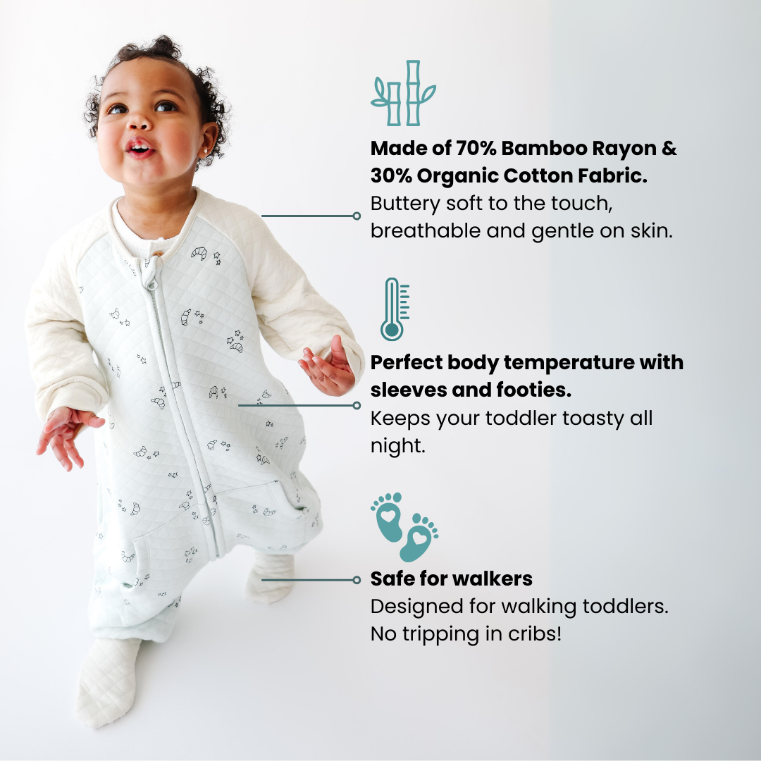 Dreamsie  Made of 70% Bamboo Rayon & 30% Organic Cotton Fabric. Buttery soft to the touch, breathable, and gentle on skin. Keeps your toddler toasty all night.