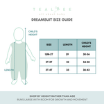 Size guide for Tealbee Dreamsuit. Tealbee is designed with 5% shrinkage in mind after the first wash. Shop by height rather than age.