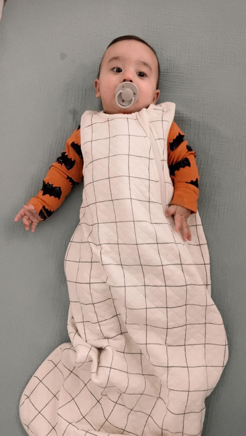 Baby wearing a tealbee dreambag in checkered print